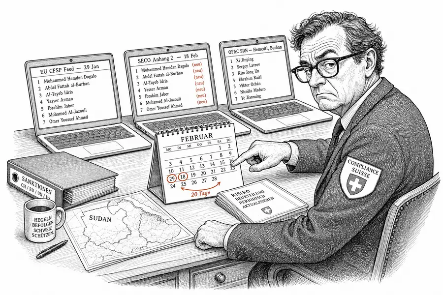 Karikatur eines Compliance-Officers an drei Monitoren mit EU-CFSP-Liste vom 29. Januar 2026, SECO-Anhang 2 vom 18. Februar 2026 und OFAC SDN-Liste; ein Wandkalender zeigt die Zwanzig-Tage-Lücke