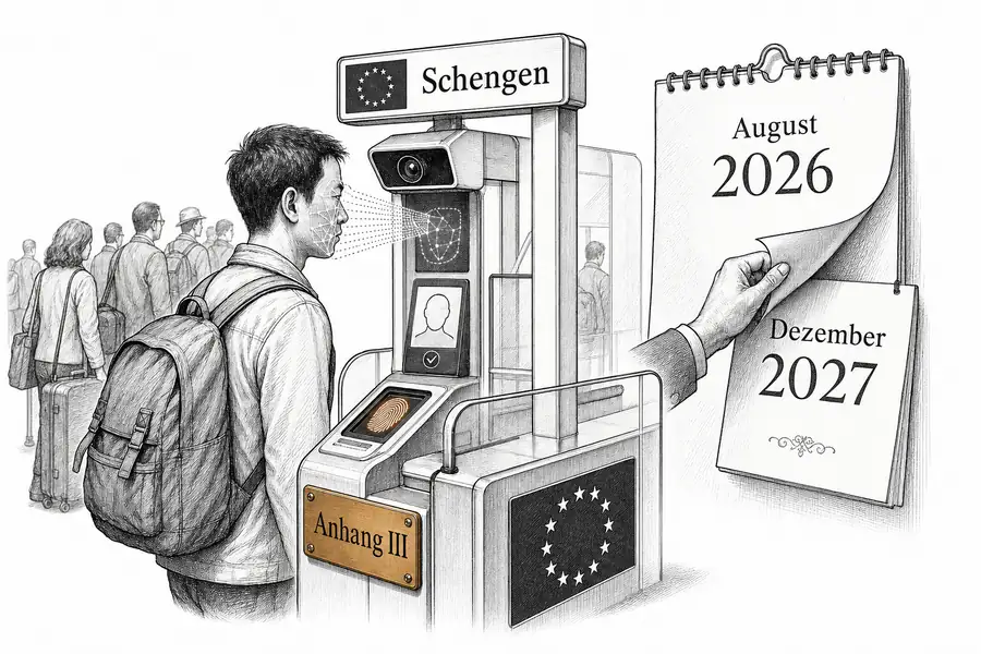 Automatisiertes biometrisches Grenz-E-Gate mit Gesichtserkennung und Fingerabdruckleser; daneben ein Wandkalender, dessen Blatt von «August 2026» auf «Dezember 2027» umgeblättert wird, mit einer Plakette «Anhang III».