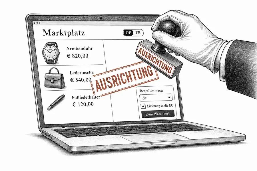 Eine rote Prüferhand stempelt «AUSRICHTUNG» über die Euro-Preise und den .de-Bestellweg einer Schweizer Plattform-Oberfläche.