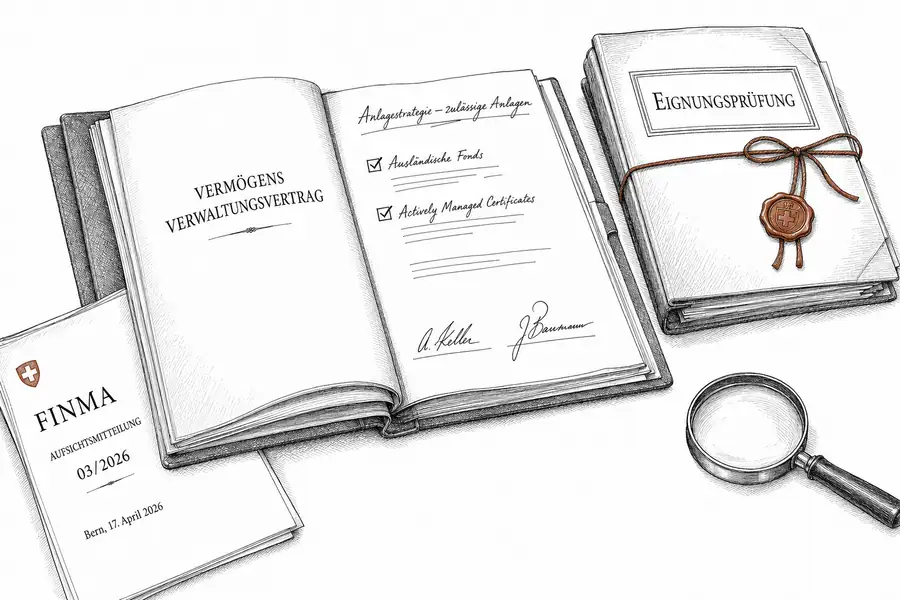 Aufgeschlagener Vermögensverwaltungsvertrag beim Anhang «Anlagestrategie — zulässige Anlagen» mit abgehakten Zeilen und zwei Unterschriften; daneben eine noch verschlossene Mappe «Eignungsprüfung» und die FINMA-Aufsichtsmitteilung 03/2026.