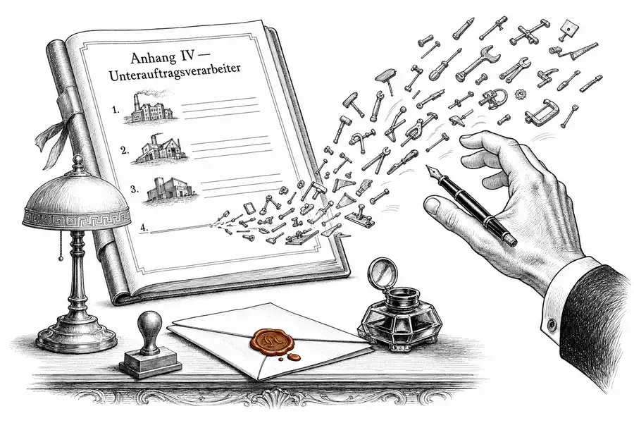 Ein aufgeschlagener Vertragsanhang mit der Überschrift «Anhang IV — Unterauftragsverarbeiter» und drei sauber eingetragenen Zeilen; aus der vierten, leeren Zeile lösen sich Dutzende kleiner Werkzeugsymbole und fliegen aus dem Bild. Eine Hand mit Füllfeder greift ins Leere.