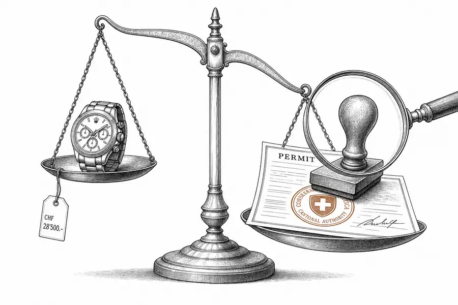Eine Balkenwaage: links eine Luxusuhr mit Preisschild, rechts ein Amtsstempel auf einer Bewilligung; die Waage neigt sich zur Stempelseite, eine Lupe schwebt über dem Stempel.
