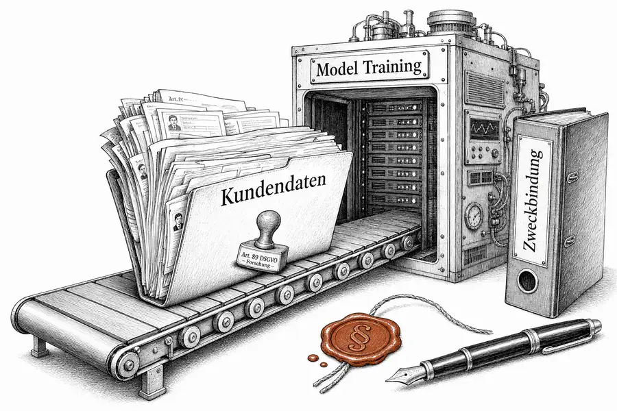Prall gefüllter Aktenordner «Kundendaten» läuft auf einem Förderband in einen KI-Trainingsserver; ein viel zu kleiner Stempel «Art. 89 DSGVO – Forschung» bedeckt nur eine Ecke.