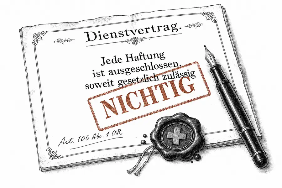 Vertragsseite mit der gedruckten Klausel «Jede Haftung ist ausgeschlossen», darüber diagonal ein roter Stempel «NICHTIG», am Rand die handschriftliche Notiz «Art. 100 Abs. 1 OR».