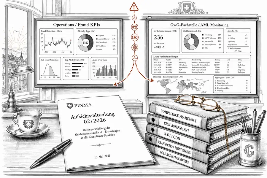 Bank-Compliance-Cockpit mit zwei Bildschirmen — Operations und GwG-Fachstelle — beide gespeist aus denselben Betrugsdetektions-Events