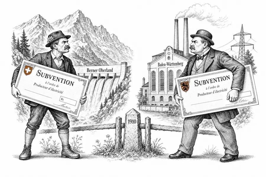 Karikatur: Ein Stromproduzent vor einem Alpen-Stausee und ein deutscher Produzent vor einem Kraftwerk starren sich über einen Grenzzaun an, beide mit Subventionsschecks in der Hand.
