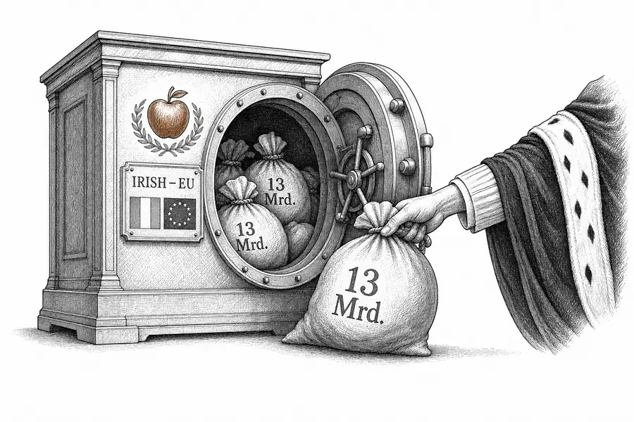 Karikatur: Aus einem Tresor mit Apfel-Emblem und irisch-europäischer Etikette werden Geldsäcke – 13 Milliarden Euro Hauptbetrag, insgesamt 14,3 Milliarden einschliesslich Zinsen – von einer Richterhand zurückgezogen.
