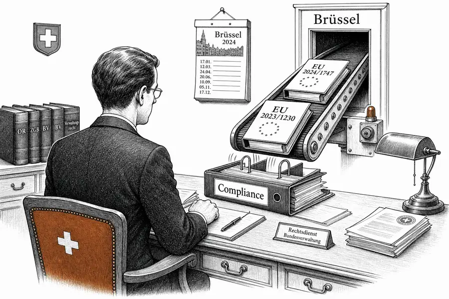 Ein Förderband trägt gebundene EU-Verordnungen aus einer Tür mit der Aufschrift «Brüssel» in einen dicken Schweizer Ordner mit der Aufschrift «Compliance» auf dem Pult einer Rechtsabteilung.