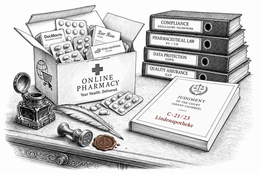 Geöffnetes Apothekenpaket mit Tablettenblistern neben dem gedruckten EuGH-Urteil C-21/23 Lindenapotheke auf einem Anwaltsschreibtisch