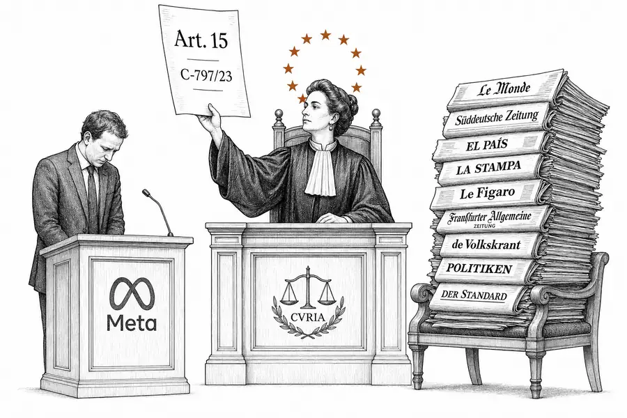 Im Gerichtssaal des EuGH steht ein Stapel europäischer Zeitungen als Kläger gegenüber einem Vertreter mit Meta-Logo; eine Richterin hält ein Dokument mit der Aufschrift «Art. 15 / C-797/23» hoch.