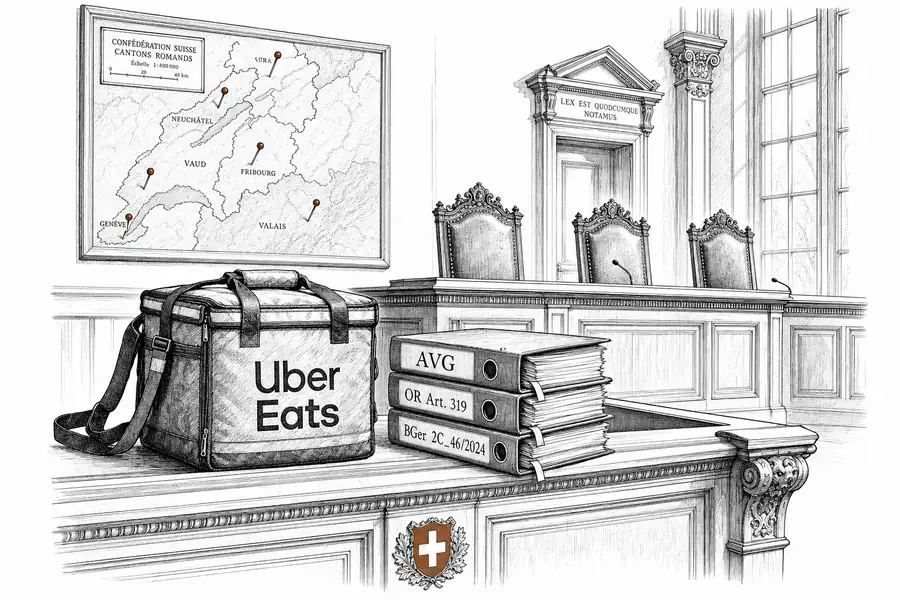 Uber-Eats-Lieferkurriertasche auf der Anwaltsbank eines Schweizer Bundesgerichtssaals neben Aktenbündeln mit den Beschriftungen AVG, Art. 319 OR und 2C_46/2024, dahinter eine an der Wand montierte Romandie-Karte mit Kantonsmarkierungen