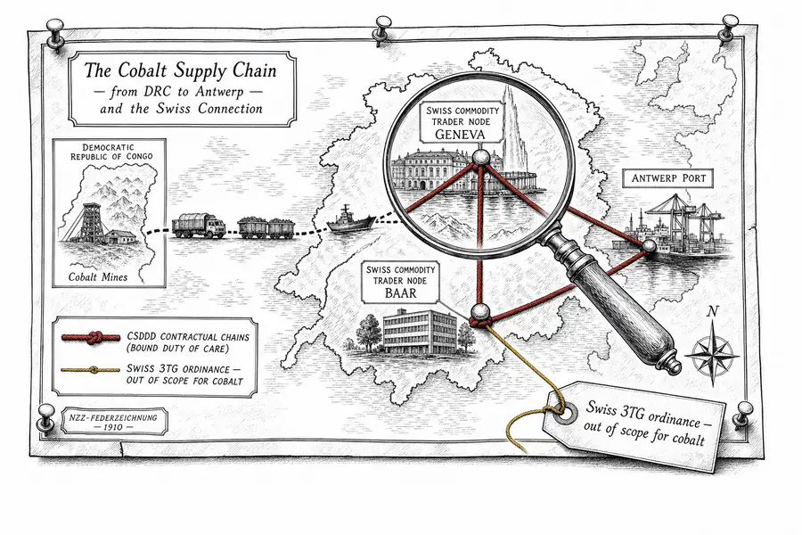 Editorial pinboard map of the cobalt supply flow from the DRC through Swiss traders to Antwerp