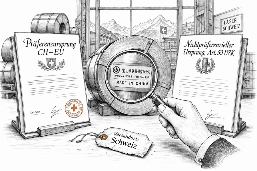 Due prove di origine a confronto: a sinistra il consueto certificato preferenziale Svizzera–UE, a destra l'origine non preferenziale ai sensi dell'art. 59 CDU, e in mezzo una lente d'ingrandimento su una bobina d'acciaio con etichetta cinese in un magazzino svizzero.