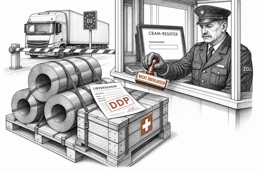 Ein EU-Grenzzollposten: Auf einer Stahlcoil-Palette liegt ein Lieferschein mit gross gestempeltem «DDP», die Hand des Zöllners hält einen roten Stempel «NICHT ÜBERLASSEN» darüber, im Hintergrund ein Bildschirm mit der Aufschrift «CBAM-Register».