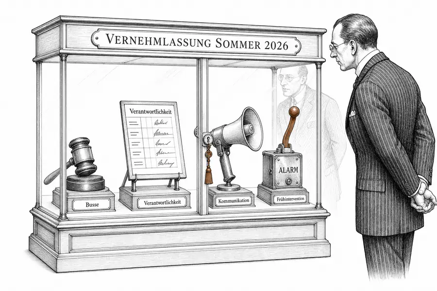 Vier beschriftete Instrumente hinter Glas mit der Aufschrift «Vernehmlassung Sommer 2026», davor ein Banker.