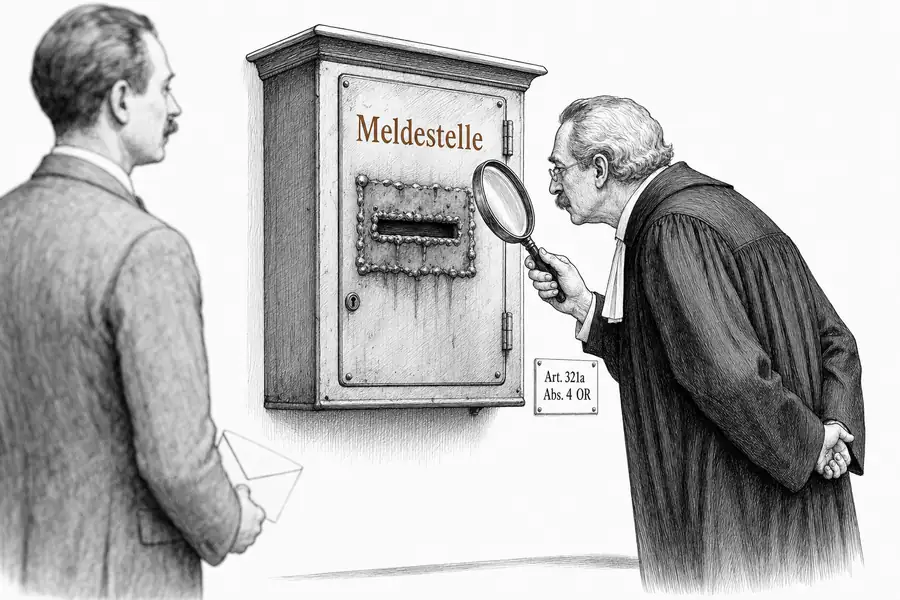 Ein Bankangestellter steht vor einem an der Wand montierten Meldekasten mit der Aufschrift «Meldestelle», dessen Einwurfschlitz zugeschweisst ist; ein Schweizer Richter beachtet ihn nicht und untersucht stattdessen den Kasten mit einer Lupe.