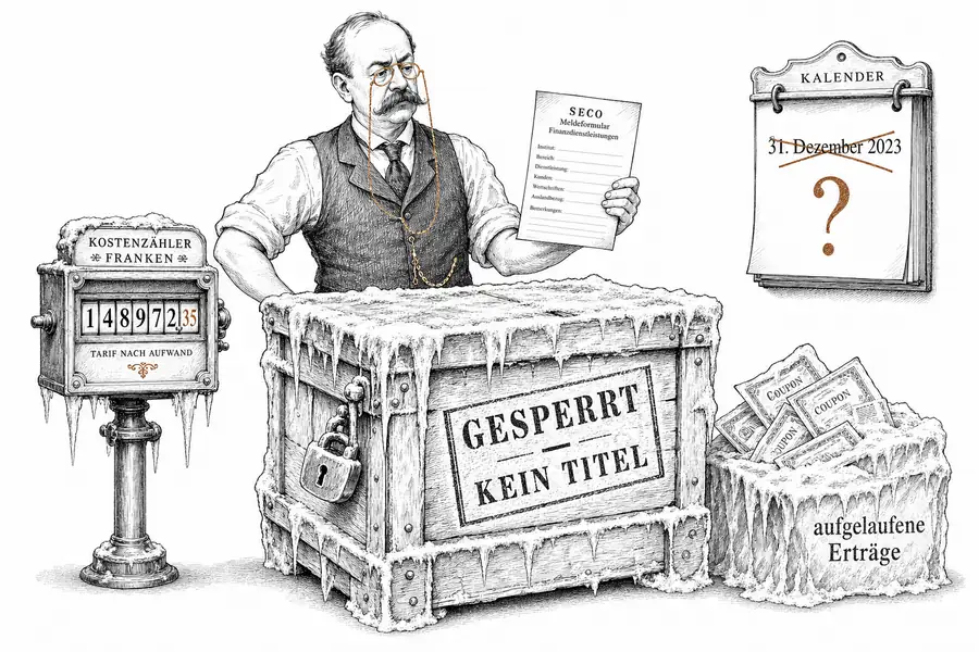 Karikatur einer Depotabteilung als Kühllager: Ein Bankier bewacht eine vereiste Kiste «GESPERRT — KEIN TITEL», daneben ein tickender Kostenzähler in Franken und ein gefrorener Stapel «aufgelaufene Erträge»; ein Wandkalender hat das Enddatum durch ein Fragezeichen ersetzt.