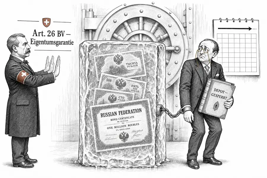 Karikatur in einem Schweizer Banktresor: In einem Eisblock stecken russische Banknoten und eine Anleihe «Russian Federation». Links greift ein Bundesbeamter mit leeren Händen gegen eine Glaswand «Art. 26 BV», rechts ist ein Bankier mit Handschelle an den Eisblock gekettet und hält ein Depotbuch «GESPERRT».