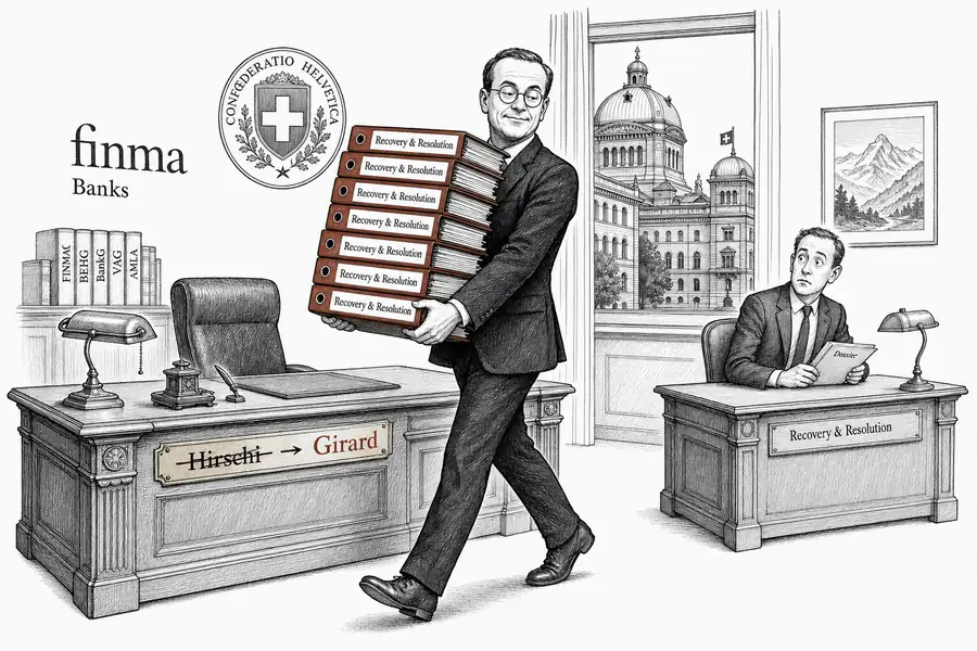 Karikatur von Alain Girard, der einen Stapel roter Aktenordner mit der Aufschrift 'Recovery & Resolution' auf den Schreibtisch der FINMA-Bankenabteilung in Bern trägt.