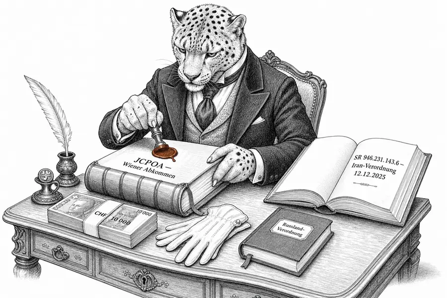 A snow-leopard lawyer in a high-collared tailcoat seals a bound file labelled 'JCPOA — Vienna Agreement' with a sienna wax seal; beside it lies open a second volume inscribed 'SR 946.231.143.6 — Iran Ordinance 12.12.2025'.