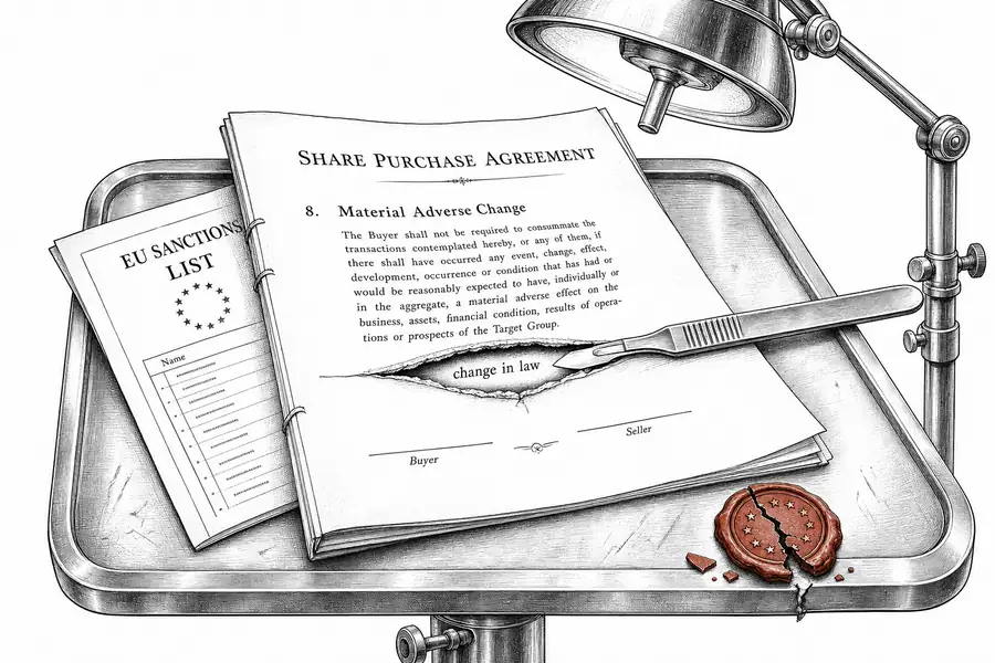 Ein Aktienkaufvertrag auf einem Obduktionstisch, die «Material Adverse Change»-Klausel mit einem Skalpell aufgeschnitten, darunter eine gestempelte EU-Sanktionsliste.