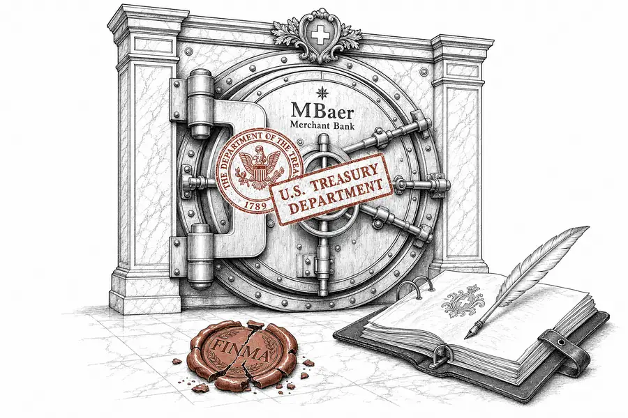 A Zurich bank vault door labelled MBaer Merchant Bank sealed shut by an oversized red U.S. Treasury stamp, a cracked sienna wax seal of FINMA lying on the marble floor beside an open leather binder.