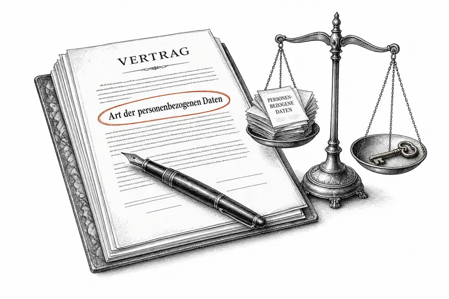 Ein aufgeschlagener Auftragsverarbeitungsvertrag, die Klausel «Art der personenbezogenen Daten» rot eingekreist, daneben eine Waage, deren Schalen unterschiedlich beschriftet sind.