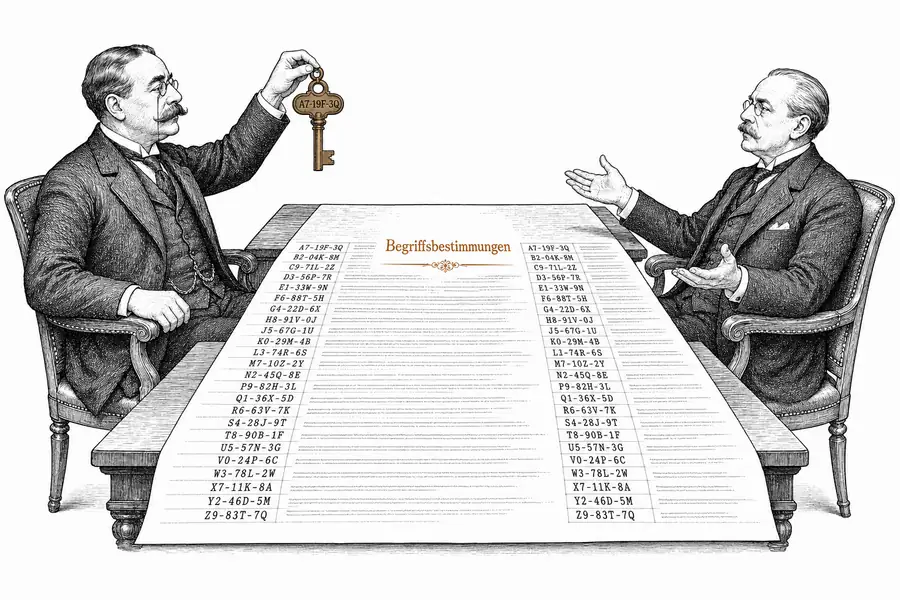 Zwei Juristinnen an den Enden eines langen Vertragsbogens; die eine hält einen Messingschlüssel mit Zifferncode, die Hände der anderen sind leer, zwischen ihnen die Definitionsklausel.