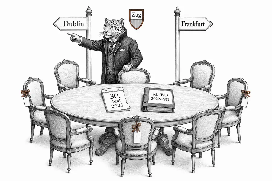 Karikatur eines Verwaltungsratstischs mit sieben Stühlen, davor zwei Wegweiser «Dublin» und «Frankfurt» und ein Kalenderblatt «30. Juni 2026».