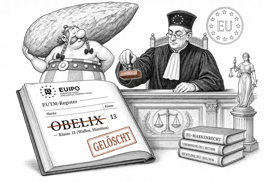 Karikatur des Galliers Obelix mit Hinkelstein vor einem aufgeschlagenen EUIPO-Markenregister; die Eintragung «OBELIX — Klasse 13» wird mit rotem Stempel durchgestrichen.