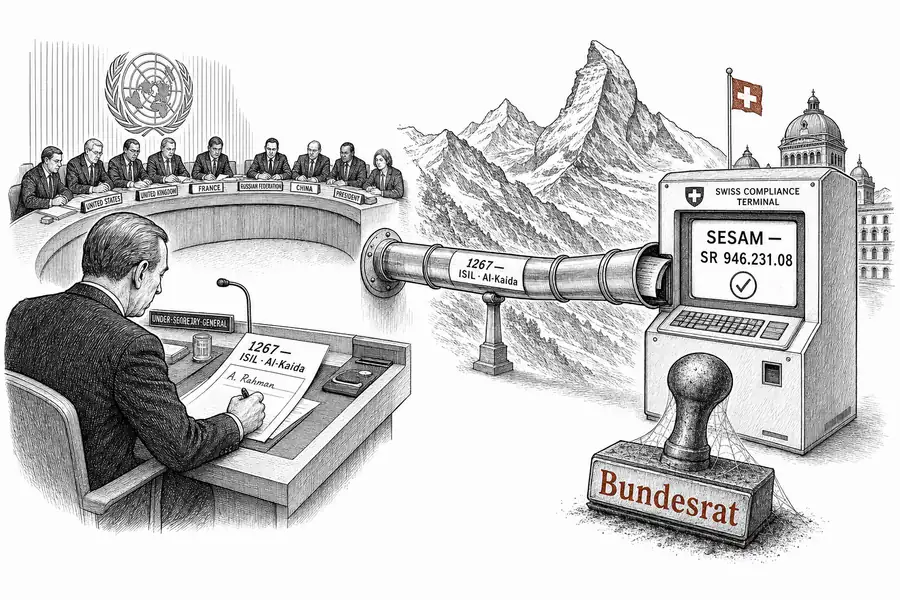 Eine Namensliste wird vom UNO-Sicherheitsrat in New York über eine Rohrpost direkt in ein Schweizer Compliance-Terminal mit der Aufschrift «SESAM – SR 946.231.08» eingespeist, vorbei an einem ungenutzten Bundeshaus-Stempel.