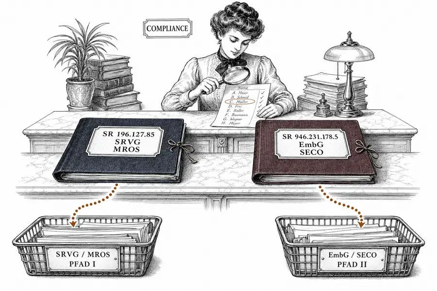 Zwei beschriftete Compliance-Mappen — links SRVG/MROS, rechts EmbG/SECO — auf einem Bankschalter; im Hintergrund eine Mitarbeiterin mit Lupe.