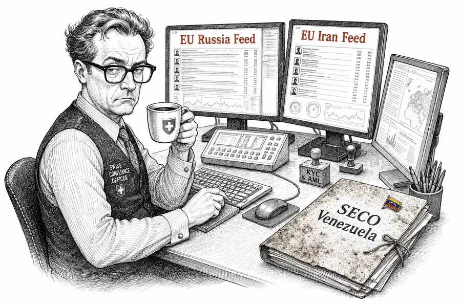 Karikatur eines Compliance-Officers an einem Screening-Terminal, der die Schweizer Venezuela-Liste übersieht